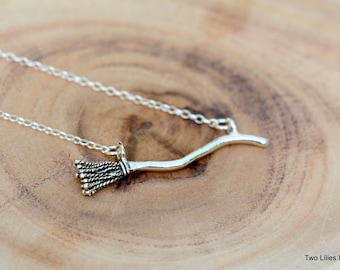 Witch Broomstick Necklace, Silver Broom Pendant, Witch Necklace, Broom Pendant Necklace, Magic Broomstick Jewelry, Wizard Fantasy Necklace