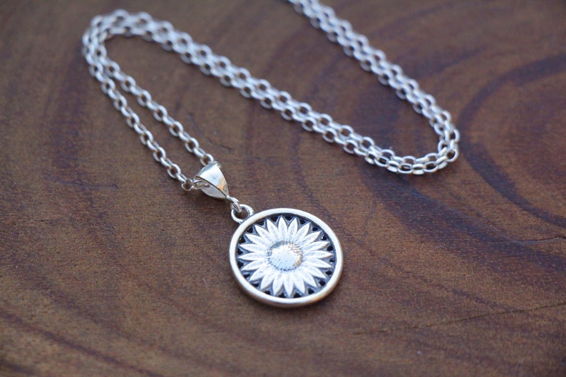 Silver Sunflower Necklace, Sunflower Jewelry, Silver Sunflower Pendant, Silver Flower Necklace, Floral Jewelry, Women Thick Coin Mom Gift image 3