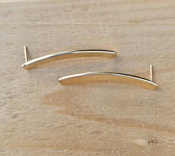 Long Gold Bar Earrings, Long Curved Bar Studs, Gold Filled