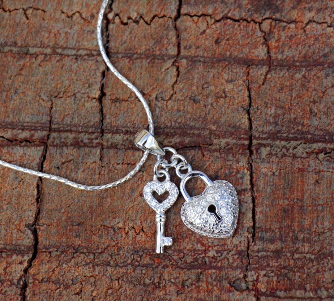 Heart Lock Necklace, Silver Zircon Stone Lock Key Necklace, Sparkly