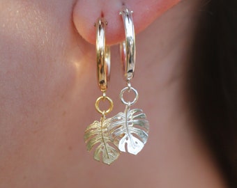 Monstera Leaf Earrings, 14K Gold Filled Gold Charm Hoop Earrings, Women Gold Dangle Hoops, Small Leaf Earrings, Dangle Monstera Jewelry Gift