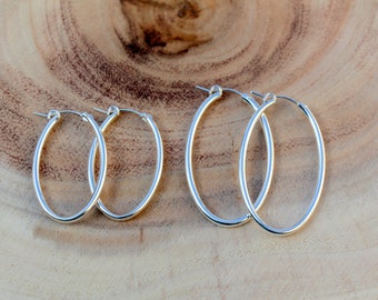 Sterling Silver Oval Hoop Earrings, Silver Hoops, Dainty 35mm 1.38", 42mm 1.65" Women Simple Hoops Thick Medium Hoops Minimal Gypsy Jewelry