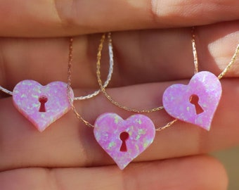 Opal Necklace, Opal Jewelry, Pink Heart Opal Necklace, Women Heart Lock Charm, Silver Gold Rose Gold Minimalist Charm, Sparkly Pink Pendant