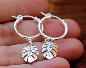 Silver Hoop Earrings, Monstera Leaf Silver Hoops, Silver Dangle Earrings, Women Charm Earrings, Dainty Monstera Leaf Huggie Hoops Jewelry
