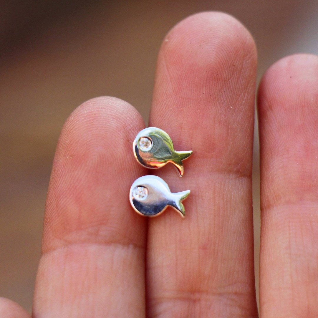 Silver Fish Earrings, Silver Fish Studs, Fish Jewelry, Silver Zircon
