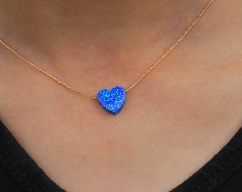 Opal Necklace, Blue Heart Necklace, Blue Opal Charm, Opal Pendant, Silver Gold Necklace, Women Necklace, Opal Jewelry, October Birthstone