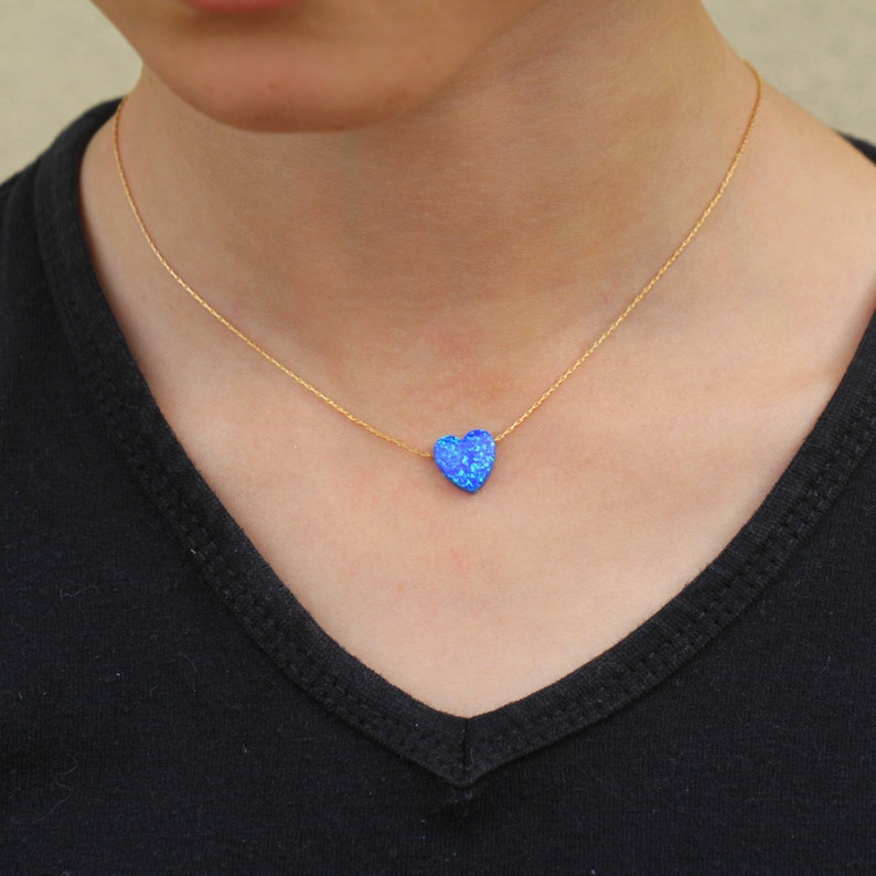 Opal Necklace Blue Heart Necklace Blue Opal Charm Opal Etsy