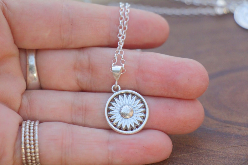 Silver Sunflower Necklace, Sunflower Jewelry, Silver Sunflower Pendant, Silver Flower Necklace, Floral Jewelry, Women Thick Coin Mom Gift image 8