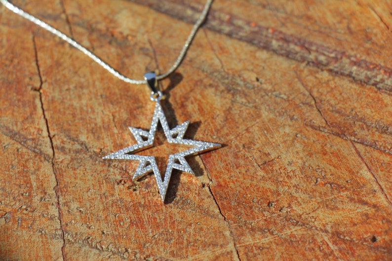 Large Sterling Silver Zircon Stone Women Jewelry Star Necklace Bright North Star Celestial Necklace Gift Elegant Sparkly Star Pendant