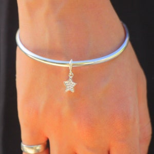Silver Bangle Bracelet, Thick Women Bracelet, Sparkly Star Charm Jewelry, Bold Statement Bracelet, Sturdy Bangle Bracelet, Handmade Bracelet