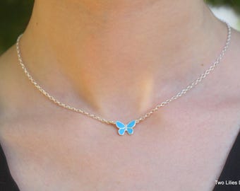 Butterfly Necklace, Silver Blue Enamel Butterfly Pendant, Small Dainty Butterfly Nature Lover Gift, Blue Butterfly Jewelry, Minimalist Charm