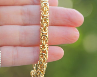 Gold Byzantine Bracelet, Thick Heavy Gold Filled Chainmail Bracelet, Women Men Handmade Chain Link Jewelry Handwoven Special Chain Maille