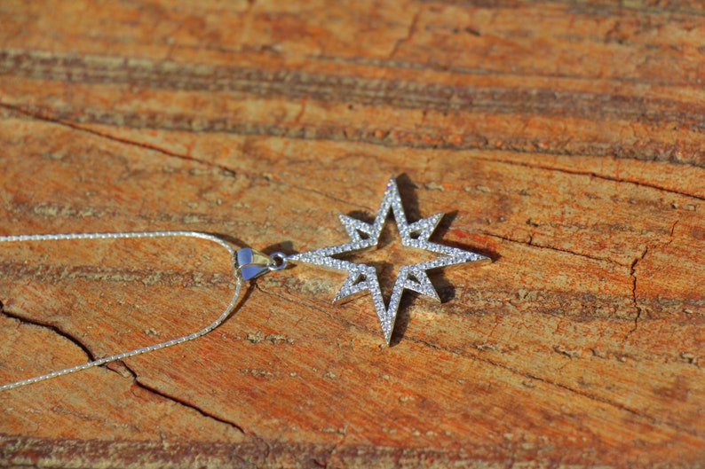 Large Sterling Silver Zircon Stone Women Jewelry Star Necklace Bright North Star Celestial Necklace Gift Elegant Sparkly Star Pendant