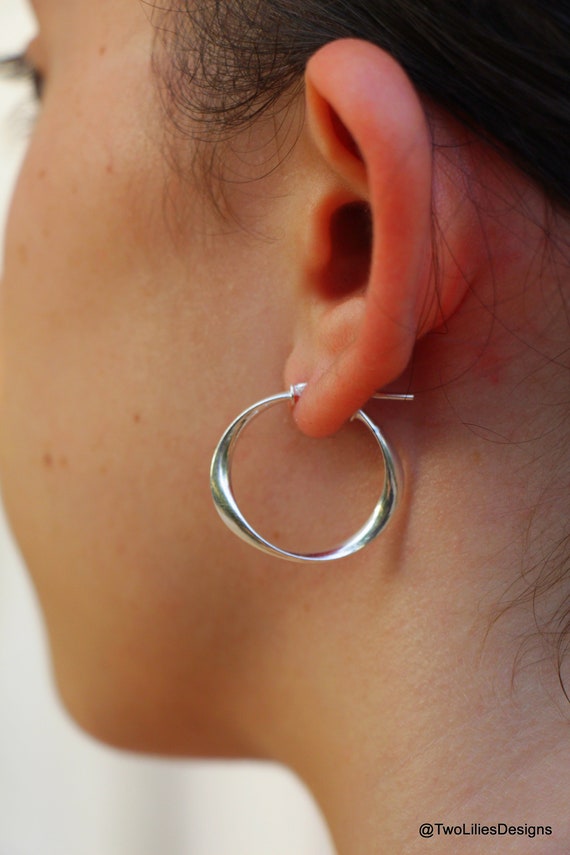 Silver Hoop Earrings, Medium Twisted Wave Wire Statement Thick