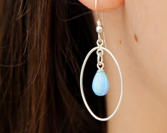 Blue Opal Earrings, Opal Jewelry, Opal Silver Earrings, Teardrop Earrings, Women Dangle Earrings, Silver Oval Earrings, October Birthstone
