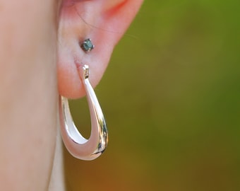 Silver Hoop Earrings, Oval Hoops, Puffed Silver Hoops, Creole Dome Hoop Jewelry, Rectangular Graduated Hoop Earrings, Elongated Oblong Hoops