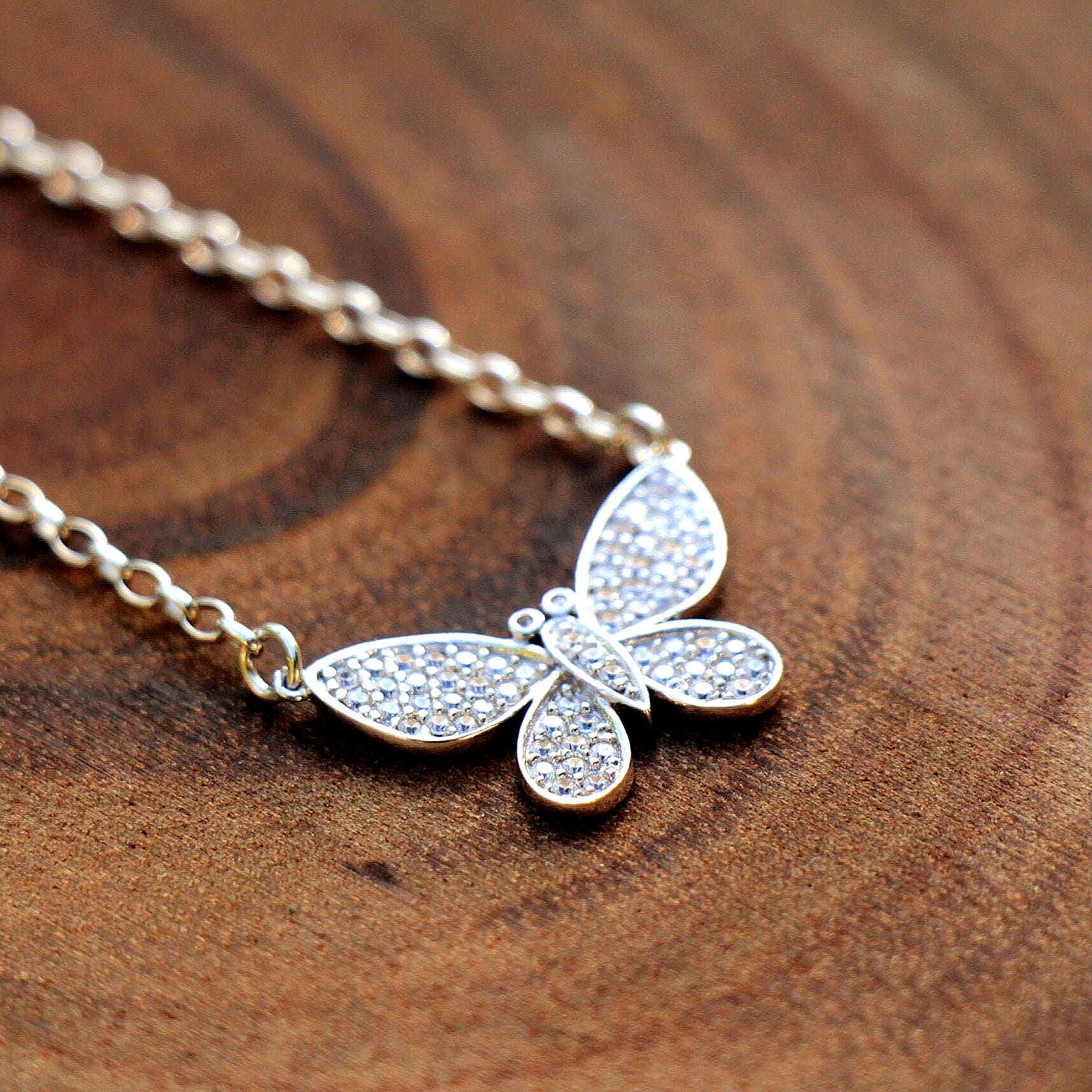 Butterfly Necklace, Butterfly Jewelry, Silver Zircon Sparkly