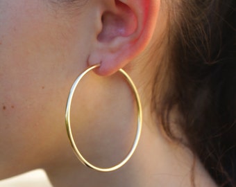 Large Gold Hoop Earrings, 56mm 2.2'' Hoop Earrings, Big Gold Filled Women Hoops, Simple Thick Tube Lightweight Basic Circle Endless Jewelry