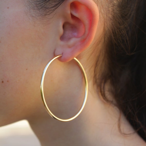 Large Gold Hoop Earrings, 56mm 2.2'' Hoop Earrings, Big Gold Filled Women Hoops, Simple Thick Tube Lightweight Basic Circle Endless Jewelry