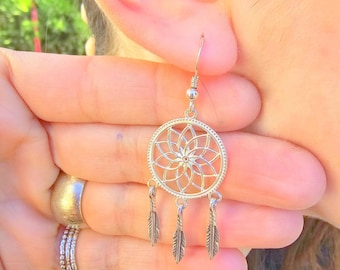 Large Dreamcatcher Earrings, Silver Dream Catcher Earrings, Women Dangle Earrings, Dream Weaver Ethnic Tribal Feathers Earrings