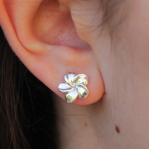 Plumeria Earrings, Plumeria Stud Earrings, Silver Hawaiian Flower Jewelry, Handmade Silver Women Stud Earrings, Romantic Exotic Floral studs