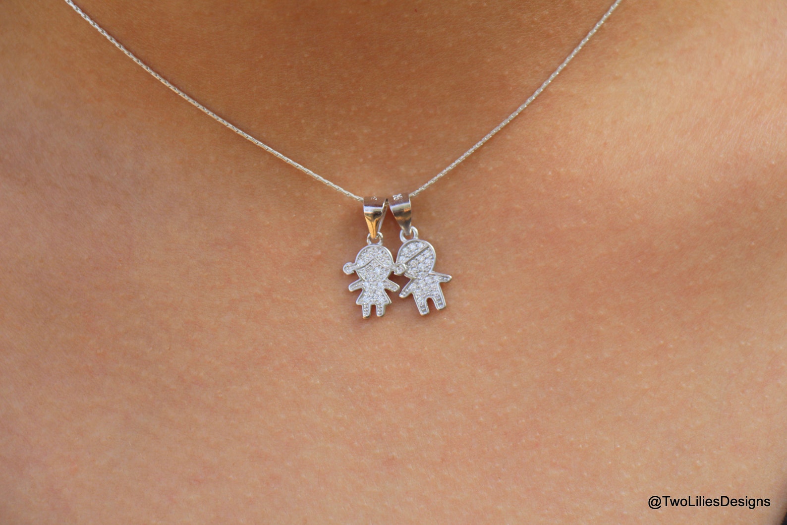 Silver Zircon Boy and Girl Necklace Mother Necklace Family Etsy