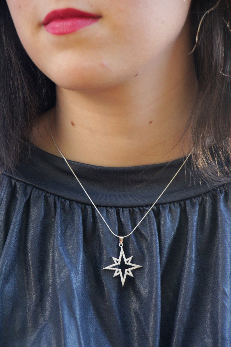 Large Sterling Silver Zircon Stone Women Jewelry Star Necklace Bright North Star Celestial Necklace Gift Elegant Sparkly Star Pendant