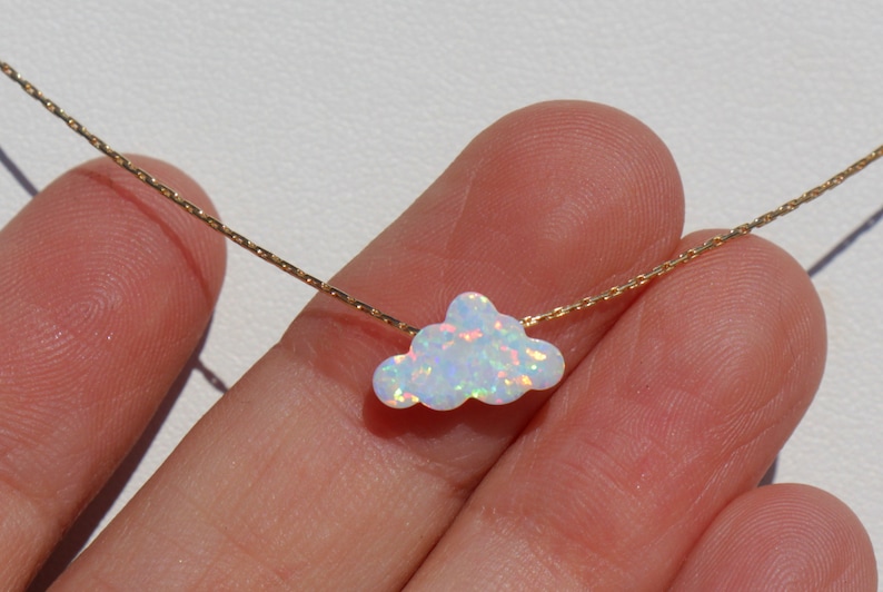 Opal Necklace, Opal Jewelry, Cloud Necklace, White Cloud Opal Necklace, Opal Charm Choker, Small Opal Cloud, Silver Gold Rose Filled Chain image 2