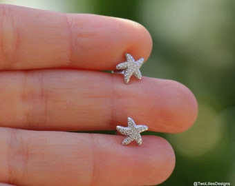 Pendientes de estrella de mar con circonita plateada, elegantes y brillantes joyas de estrella de mar plateada, pequeños pendientes de estrella de mar, ideal como regalo, para mujeres, adolescentes y niñas.