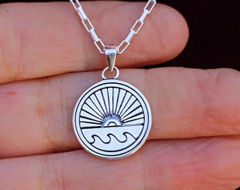 Silver Sun Wave Necklace: Unisex Ocean Surf Pendant. Sunset Sunrise Beach Lover Summer Jewelry