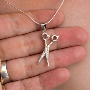 Scissors Pendant Necklace, Thick Silver Tiny Zircon Stone, Big Scissor Jewelry, Women Hairdresser Tailor Seamstress Hairstylist Stylist Gift