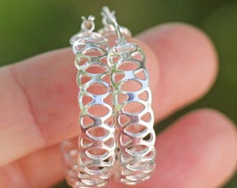Silver Hoop Earrings, Lace Hoop Earrings, Metal Lace Earrings, 28.5mm Medium Silver Hoops Jewelry, Modern Wide Silver Earring, Lace Earrings