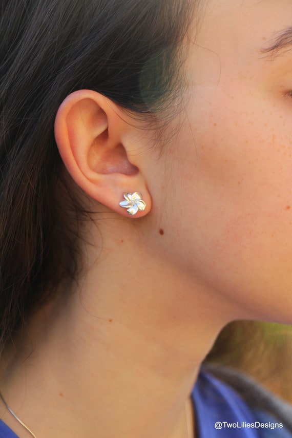 Plumeria Earrings, Plumeria Stud Earrings, Silver Hawaiian