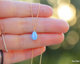 Blue Opal Necklace, Blue Teardrop Necklace, Opal Jewelry, Dainty Minimalist Women Necklace, Silver Gold Filled Chain, October Birthstone