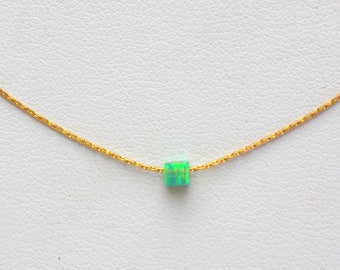 Opal Necklace, Opal Jewelry, Green Cube Opal Necklace, Tiny 3mm Square Bead Opal Jewelry, Women Silver Gold Rose Filled, Small Opal Choker