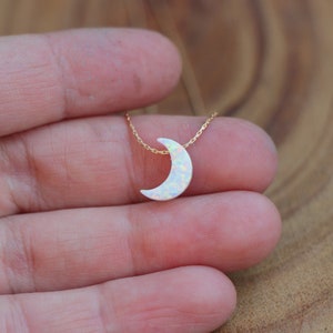Opal Necklace, Moon Opal Jewelry, White Opal Pendant, Silver Gold Rose Gold Chain, Crescent Moon Women Necklace, Minimalist Gift for Her