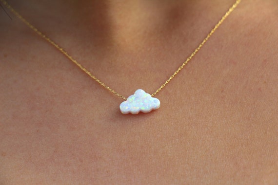 Opal Necklace, Opal Jewelry, Cloud Necklace, White Cloud Opal Necklace,  Opal Charm Choker, Small Opal Cloud, Silver Gold Rose Filled Chain 