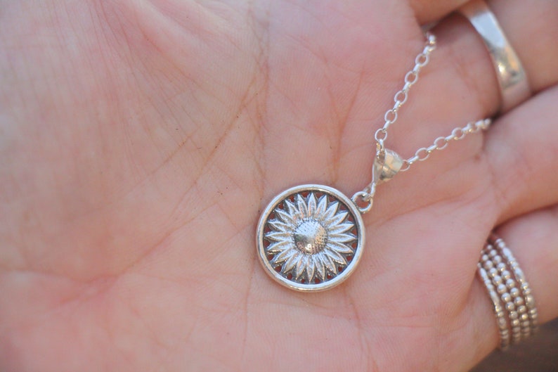 Silver Sunflower Necklace, Sunflower Jewelry, Silver Sunflower Pendant, Silver Flower Necklace, Floral Jewelry, Women Thick Coin Mom Gift image 9
