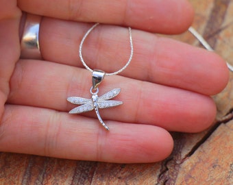 Sterling Silver Dainty White Crystal Dragonfly Pendant & Stud Earring Set 