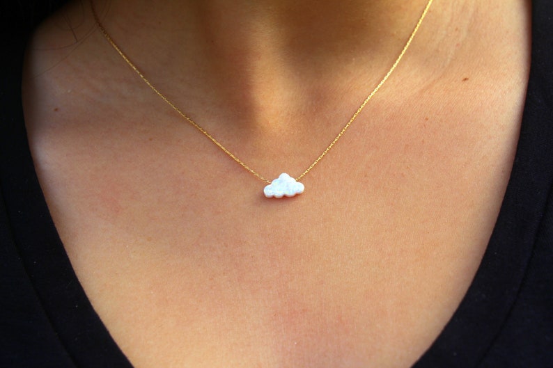 Opal Necklace, Opal Jewelry, Cloud Necklace, White Cloud Opal Necklace, Opal Charm Choker, Small Opal Cloud, Silver Gold Rose Filled Chain image 3