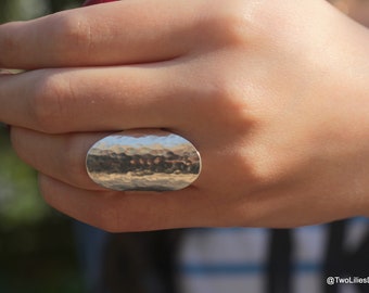 Oval Hammered Ring, Silver Long Ring, Statement Boho Modern Women Jewelry, Big Chunky Ring, Hippie Bohemian Ring, Gift for Her, Ovalic Ring