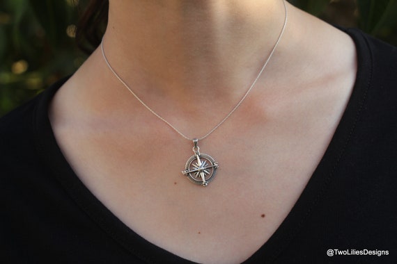 Wanderer’s Guide .925 Sterling Silver Compass Simulated Black Onyx Pendant Necklace Wanderer’s Guide .925 Sterling Silver Compass Simulated Black Onyx Pendant Necklace