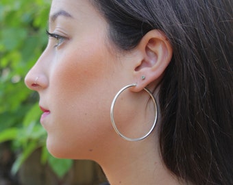 Silver Hoop Earrings,  Large Hoop Earrings, Silver Hoops, Big Thick Hoops Simple Women Earrings, Silver 2" Big Snap Circle Hoop Jewelry Gift