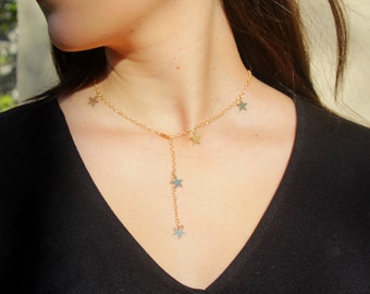 Gold Stars Necklace, Small Golden Star Charms on a Gold Filled Chain, Dainty Gold Women Necklace Celestial jewelry Gift, Stars Lariat Choker