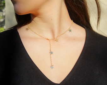 Gold Stars Necklace, Small Golden Star Charms on a Gold Filled Chain, Dainty Gold Women Necklace Celestial jewelry Gift, Stars Lariat Choker