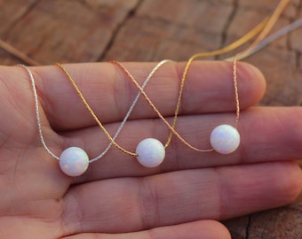 White Opal Necklace, Large 8mm Single Ball Bead Charm, Opal Jewelry, Opal Choker, Women Opal Pendant, Dainty Silver Gold Rose Filled Chain