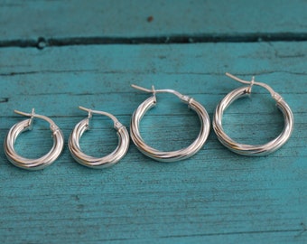 Silver Hoop Earrings, Twisted Wire Hoops, Women Silver Earrings, Small Medium Thick Hoops, Lightweight Twisted Wire Women Tube Hoops Jewelry
