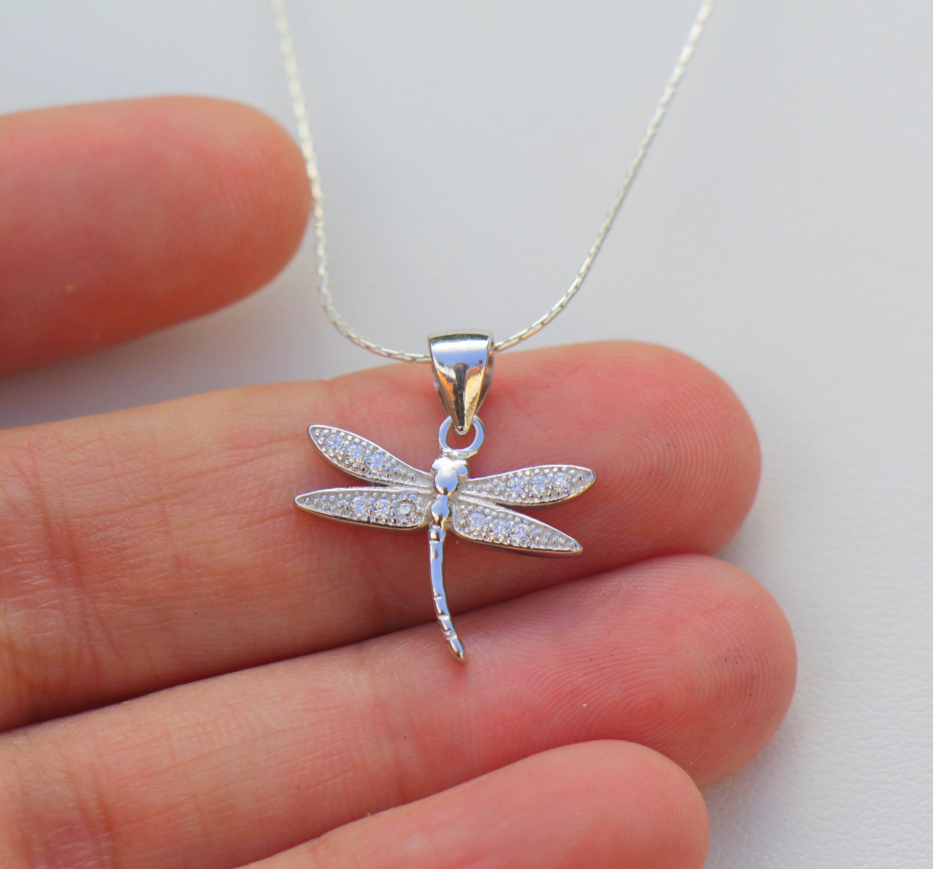 Small Dragonfly Necklace with Crystals Sterling Silver Small Dragonfly Necklace with Crystals Sterling Silver