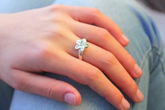 Sterling Silver Plumeria Flower Ring With Solitaire Diamond - Hawaiian Inspired Jewelry - View #5