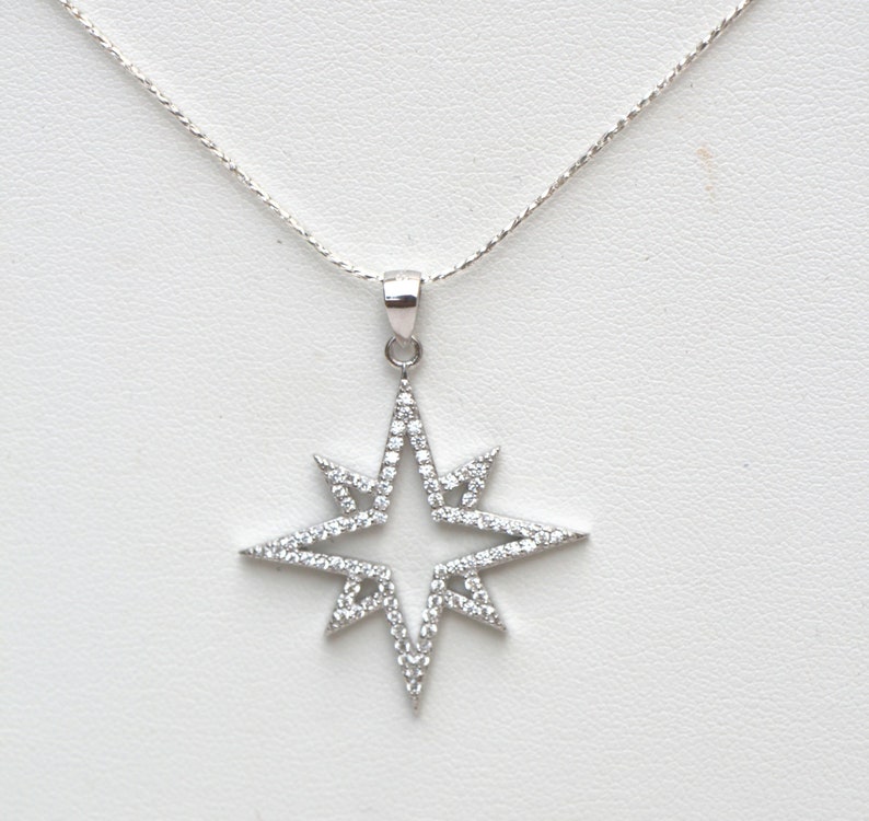 Large Sterling Silver Zircon Stone Women Jewelry Star Necklace Bright North Star Celestial Necklace Gift Elegant Sparkly Star Pendant